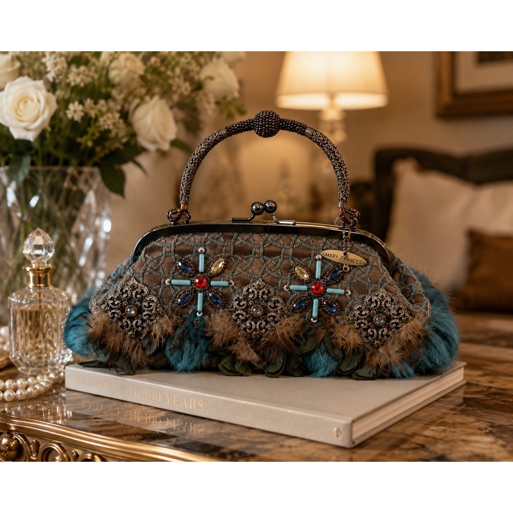 Mary Frances Beaded Feather Fur Evening Clutch Handbag Blue Brown Jeweled Purse